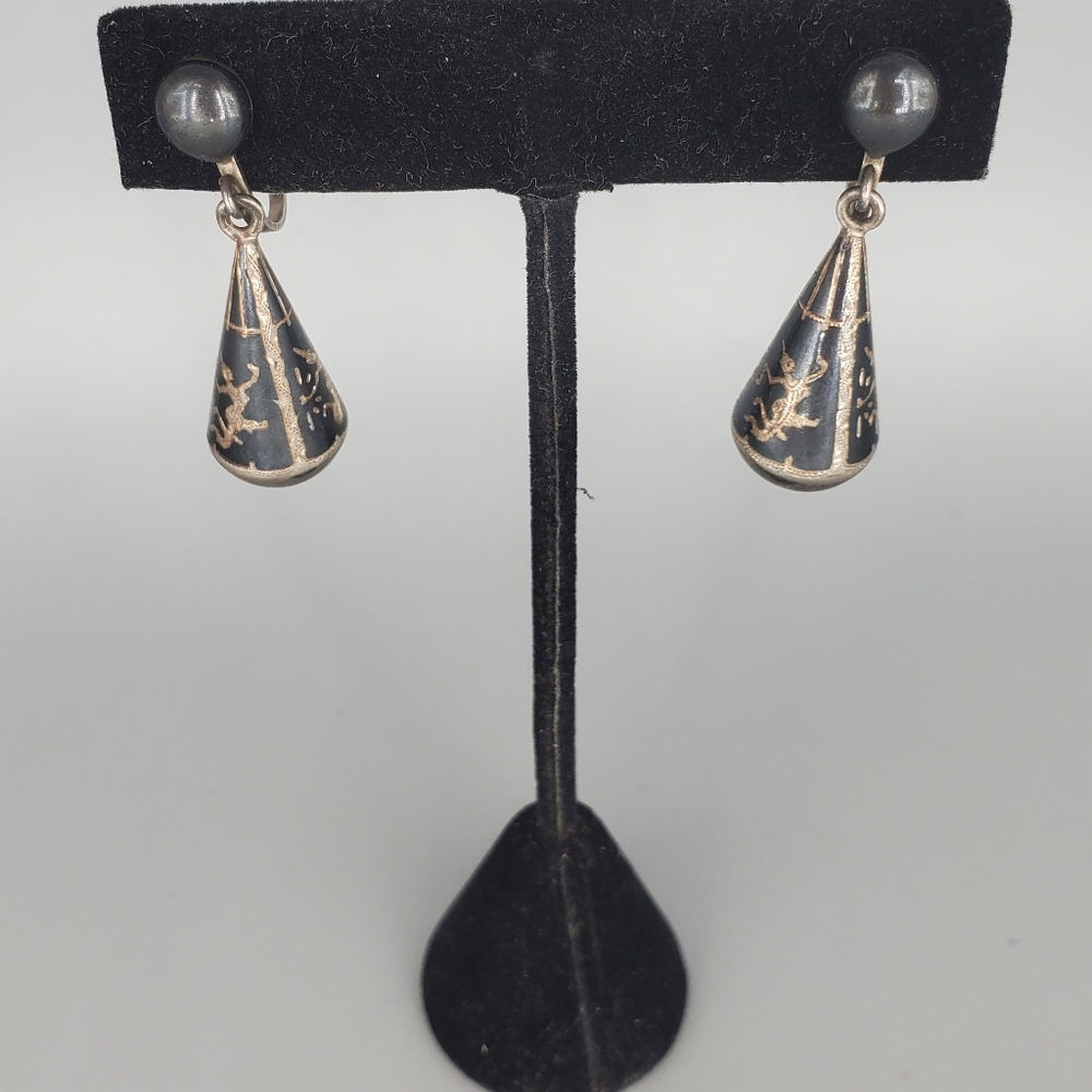 Vintage Siam Sterling Nielloware Cylinder Sliding Spring Earrings